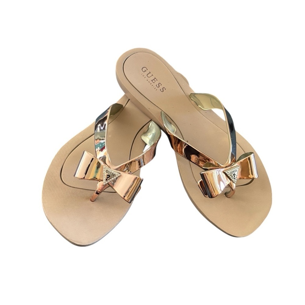 GUESS Tutu Eva Fashion Bow Detail Rhinestones Flip Flops Sz 7M Rose Gold Casual